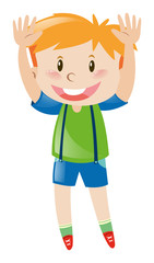 Little boy in green shirt lifting up both hands
