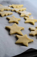 Fototapeta na wymiar Christmas Biscuit Pastry Shapes on Baking Tray with Parchment