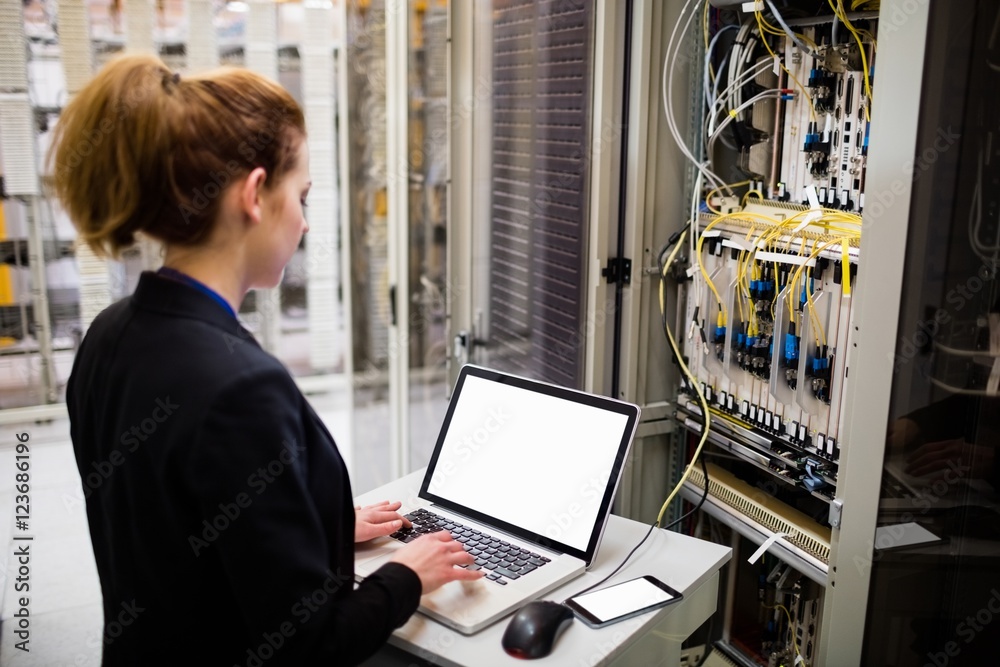Poster Technician using laptop while analyzing server