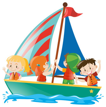 School kids riding on sailboat