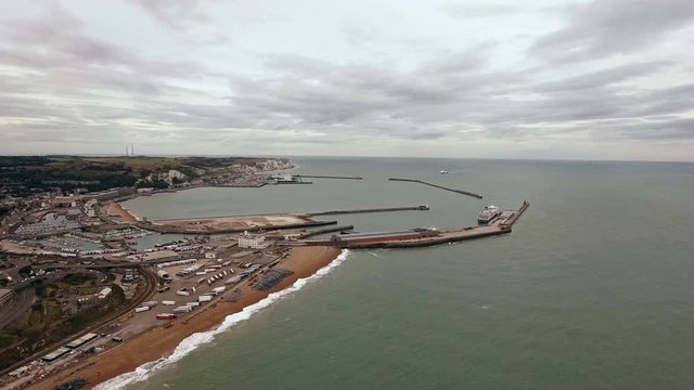 Beautiful Dover Coastline, English Harbor Seascape Aerial View 4K