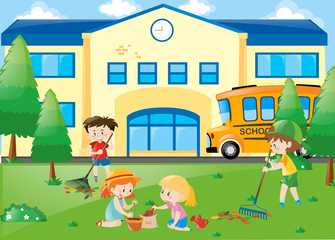 Students planting trees and raking leaves