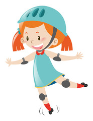 Little girl in blue wearing helmet when skating
