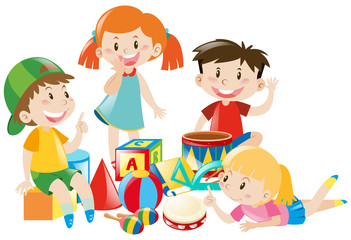 Four kids playing with toys