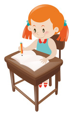 Girl in blue dress writing on notebook