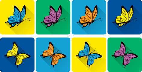 Icon set of colorful butterflies in flat style with long shadow. Vector illustration.