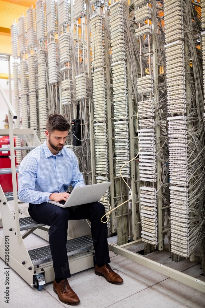 Poster Technician using laptop while analyzing server