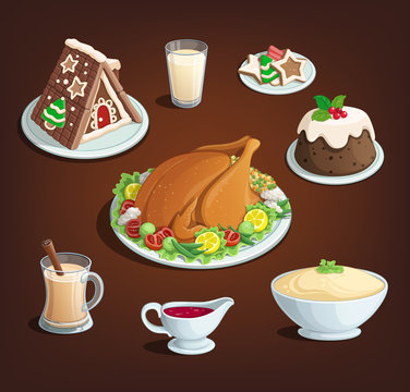 Christmas. Thanksgiving. Dinner dishes. Illustration vector on dark background.