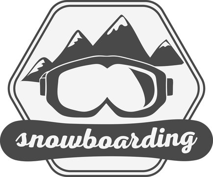 Snowboarding label and logo. Vector illustration. Snowboarder equipment.
