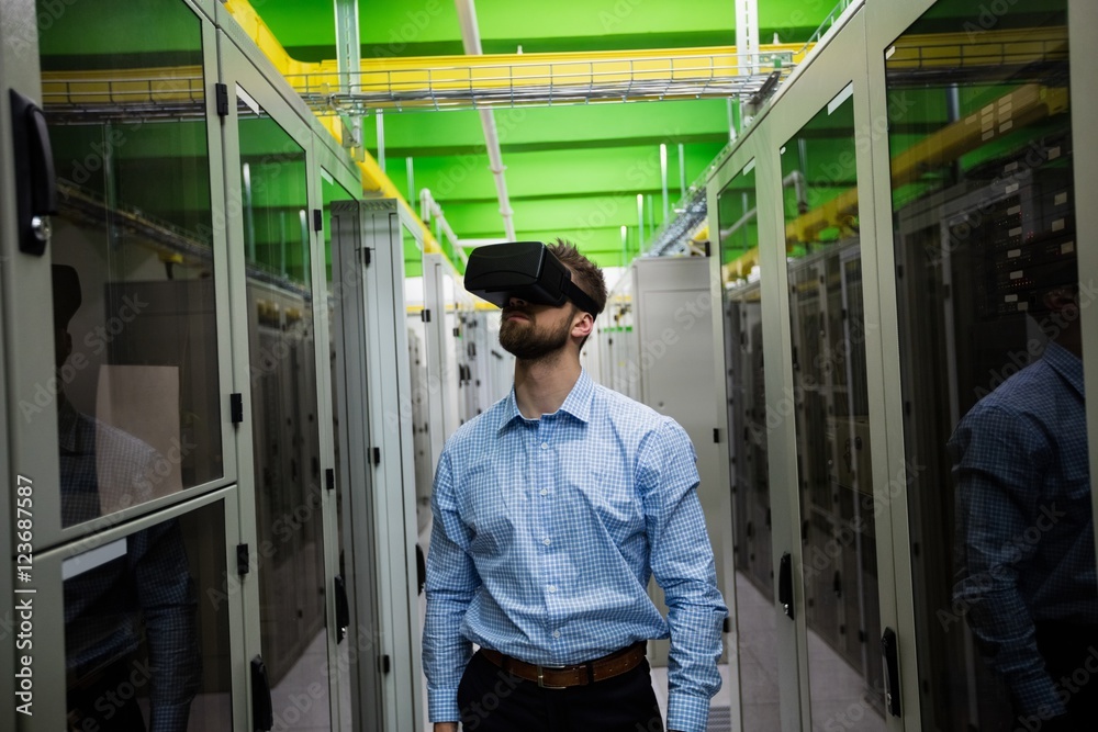 Poster technician using virtual reality headset