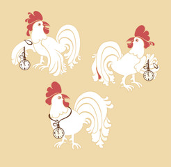 White roosters with a clock. Cartoon image vector design.
