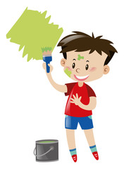 Little boy painting wall green