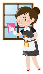 Maid cleaning window with cloth