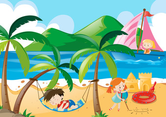 Obraz premium Children napping and playing on the beach