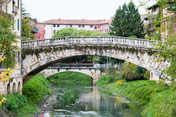 View of the old Saint Michele stone bridge in Vicenza, Italy