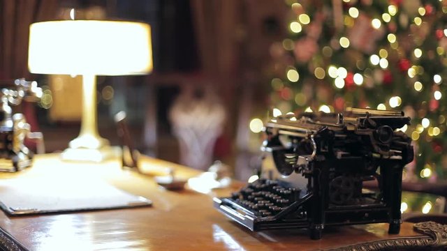 Retro Christmas interior with old typewriter