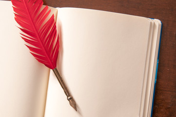 Red quill pen on an open sketchbook