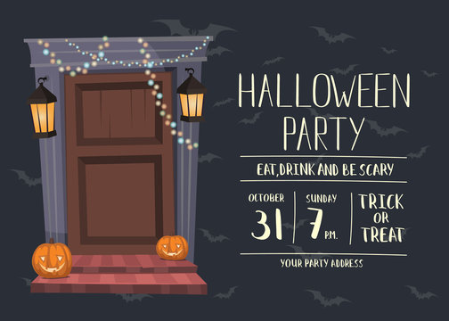 Halloween night party invitation with haunted house doorway and pumpkin head jack lanterns, isolated cartoon vector illustration on gray background. Halloween design template with space for text.