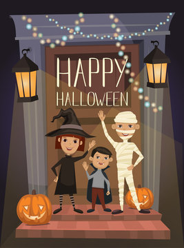 Happy Halloween night party banner with funny kids in carnival costumes mummy, vampire and witch on background of haunted house doorway, cartoon vector illustration. Halloween design template