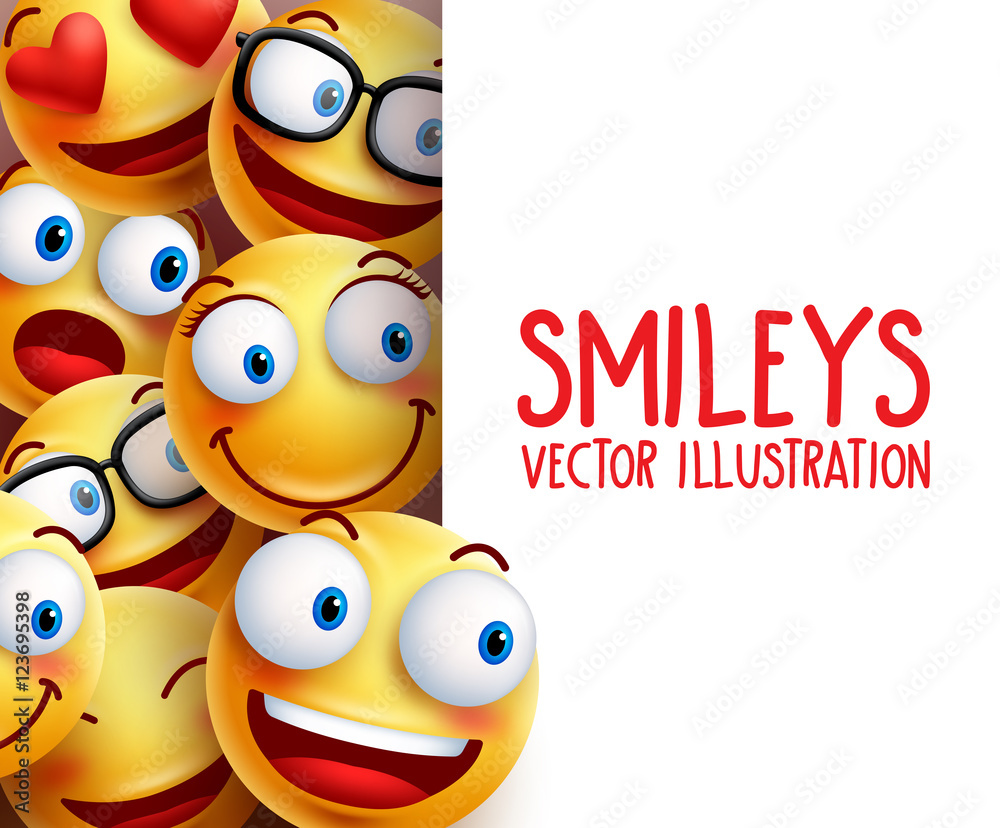 Wall mural funny smiley face vector characters happy smiling in the background with empty white board space for