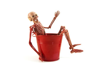 skeleton in half red bucket
