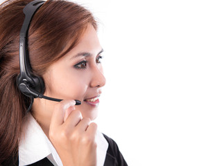 business customer support operator woman smiling on white backgr
