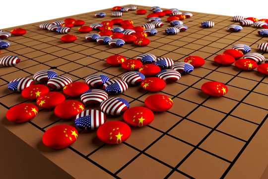 3D Go board game, concept strategy American versus China in war (clipping path)a in war (clipping path)
