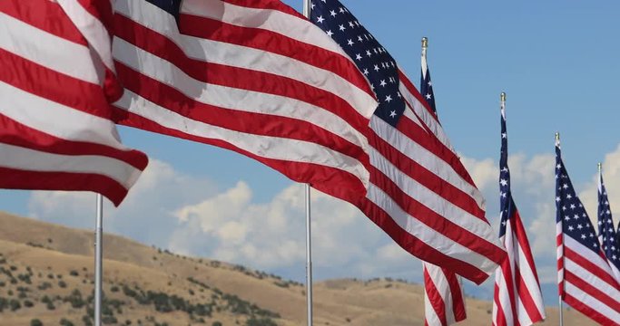 Row United States of America flags mountain. The national flag of the United States of America. Nation's most widely recognized symbol.