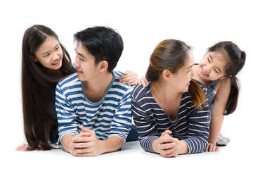 Asian family smiling and lying on isolated white background, Happy family
