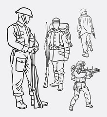 Fototapeta na wymiar Army soldier pose action hand drawing. Good use for symbol, mascot, sign, or any design you want. 