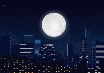 City in the night. Cityscape night silhouette with big moon vector illustration.