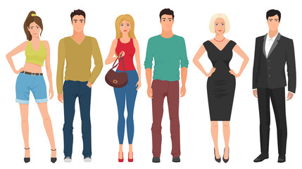 Obraz premium Handsome young guys men with beautiful cute girls models couples in casual street modern fashion clothes isolated. Fashionable people set.