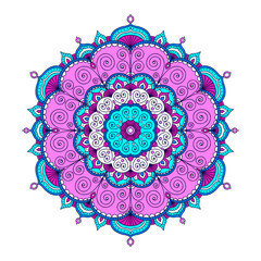 Vector hand drawn doodle mandala. Ethnic mandala with colorful tribal ornament. Isolated. Pink, white, blue colors. On white background. - 123700344