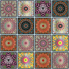 Colorful floral seamless pattern from different squares with mandala in patchwork boho chic style, in portuguese and moroccan motif. Hand drawn vector stock illustration
