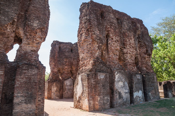 The Royal Palace of King Parakramabahu with the massive thick walls remains in ancient city of Polonnaruwa, Sri Lanka. 