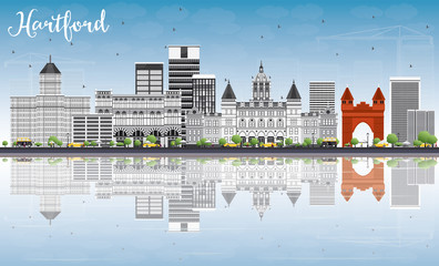 Hartford Skyline with Gray Buildings, Blue Sky and Reflections.