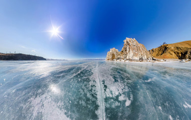 Wide-angle view Shaman Rock or Cape Burhan on Olkhon Island in w