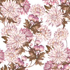 Watercolor seamless pattern with chrysanthemums