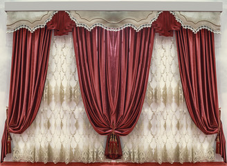 Soft velvet curtains of the saturated red color, the contrasting pelmet with the fringed and the...