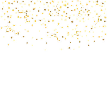 Gold star confetti celebration, isolated on white background. Falling golden abstract decoration for party, birthday celebrate, anniversary or event, festive. Festival decor. Vector illustration