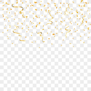 Gold confetti celebration isolated on transparent background. Falling golden abstract decoration for party, birthday celebrate, anniversary or Christmas, New Year. Festival decor Vector illustration