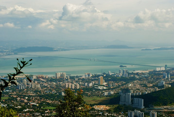 Bird Eye view from Penang Hill. The iconic building in Penang, sea and mainland background - 123703715