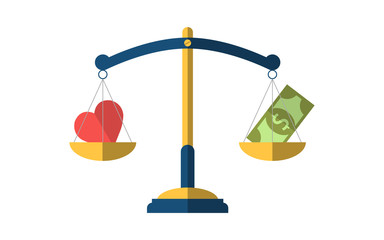 Balance between heart and money. Vector flat illustration