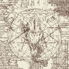 Fototapeta na wymiar vector illustration with skull of goat and pentagram with splashes on the background of old papyrus with magical inscriptions and symbols