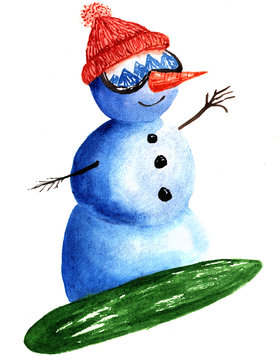 Snowman skiing on snowboard, watercolor hand drawn illustration