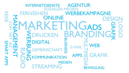 Marketing, branding word tag cloud - white, German variant, 3D rendering