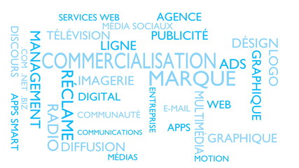 Fototapeta premium Marketing, branding word tag cloud - white, French variant, 3D rendering
