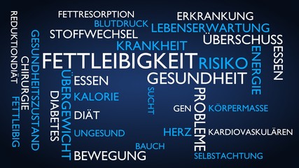 Obesity, health, medical, risk word tag cloud - blue, German variant, 3D rendering
