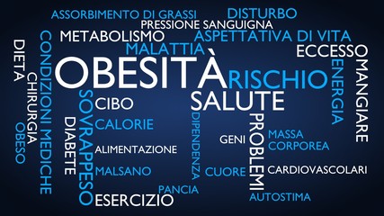 Obesity, health, medical, risk word tag cloud - blue, Italian variant, 3D rendering
