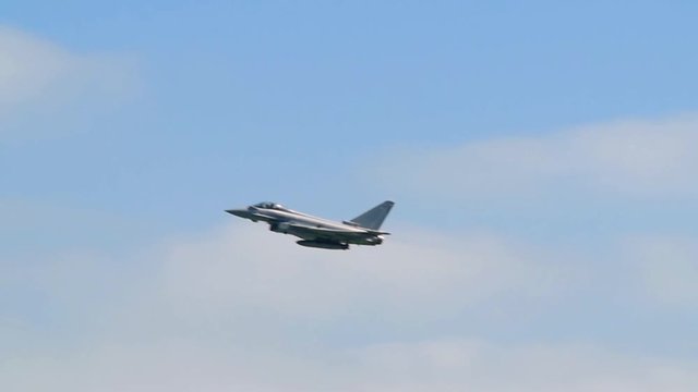 Slow motion display of a multi-role fighter combat aircraft at an air show